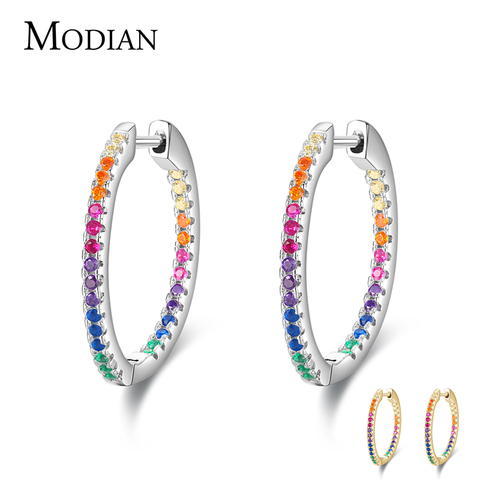 Modian-pendientes brillantes de Color arcoíris para mujer, aretes de aro de circonia Plata de Ley 925 auténtica, joyería de boda de lujo ► Foto 1/6