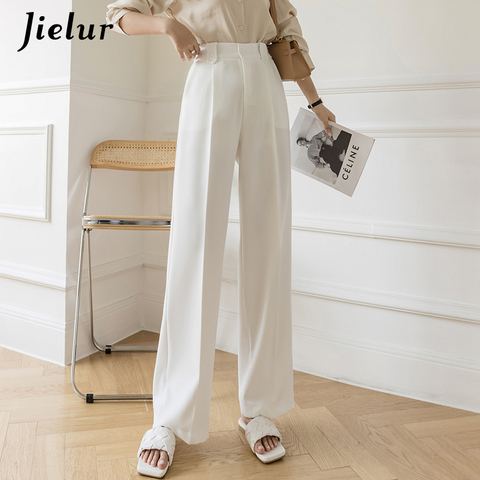 Jielur-pantalones de pierna ancha para mujer, ropa de trabajo holgada, de cintura alta, con bolsillos, color blanco y negro, S-XL ► Foto 1/6