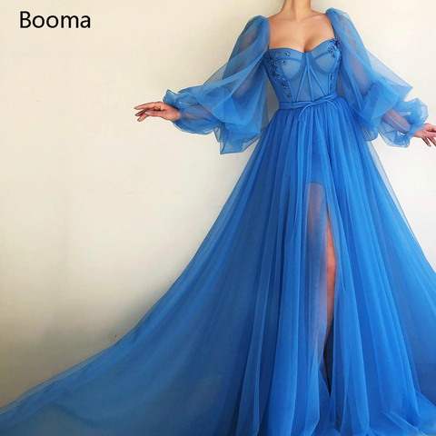 Booma-Vestidos sencillos azules para baile de graduación, mangas largas de farol, ilusión de Boning expuesta, abertura larga de tul con vestidos de noche, vestidos formales de corte en A ► Foto 1/1