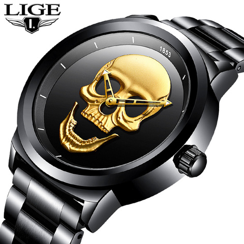 LIGE-reloj analógico de acero inoxidable para hombre, accesorio de pulsera de cuarzo resistente al agua con diseño de calavera 3D, complemento deportivo Masculino de marca de lujo con diseño militar ► Foto 1/6