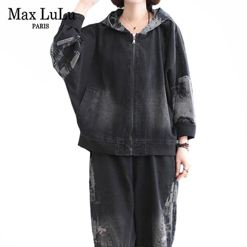 Max LuLu diseñador coreano Estilo Vintage para mujer estampado chaquetas y pantalones elásticos Harem Casual sobredimensionado dos piezas conjuntos ► Foto 1/6