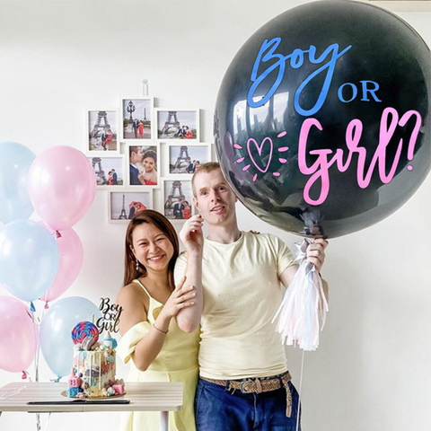 1 Set gigante niño o niña género revelan negro látex globo bebé ducha confeti globos de cumpleaños género revelan fiesta Decoración ► Foto 1/6