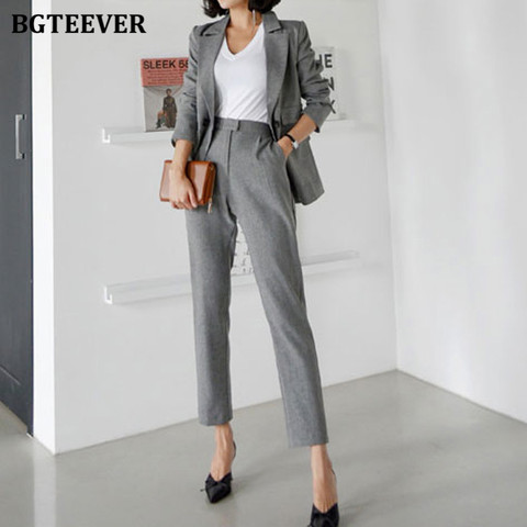 BGTEEVER-Blazer de dos piezas para mujer, trajes de manga larga, conjuntos de pantalones sólidos dobles, trajes elegantes para oficina, otoño 2022 ► Foto 1/6