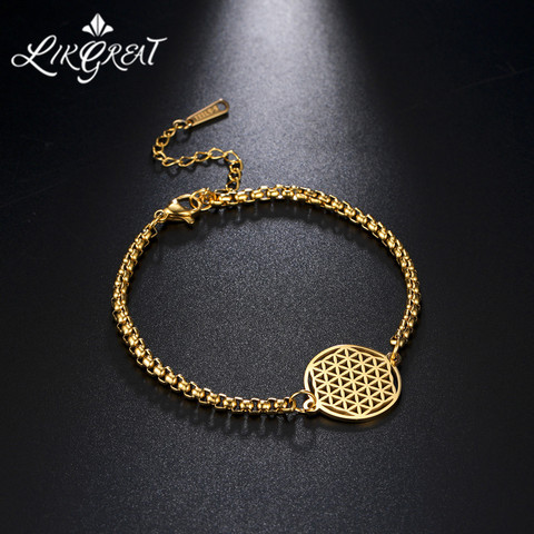 Pulsera de acero inoxidable con forma de flor de la vida para hombre y mujer, brazalete de Color dorado y plateado, cadena, regalos de joyería ► Foto 1/6