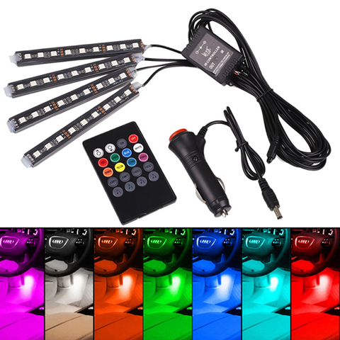 Tira de luces LED RGB para coche, luz ambiental Dinámica RGB decorativa, diseño Interior con control remoto por voz, 12V ► Foto 1/6