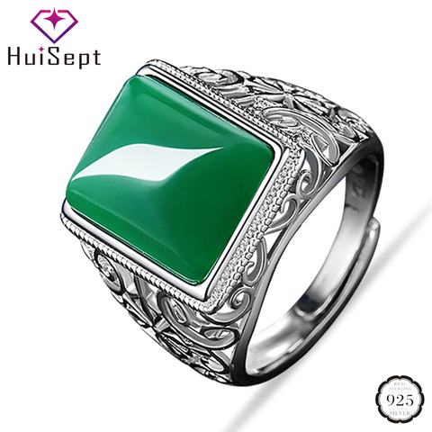 HuiSept-Anillo de plata 925 con forma geométrica para hombre, Esmeralda, piedras preciosas, adornos de anillo, regalos de aniversario de boda, ajustable ► Foto 1/4