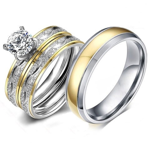 Anillos de moda para pareja, juego de anillos de circón exquisito para mujer, sortija Simple de acero inoxidable para hombre, joyería de compromiso para boda, 2022 ► Foto 1/6