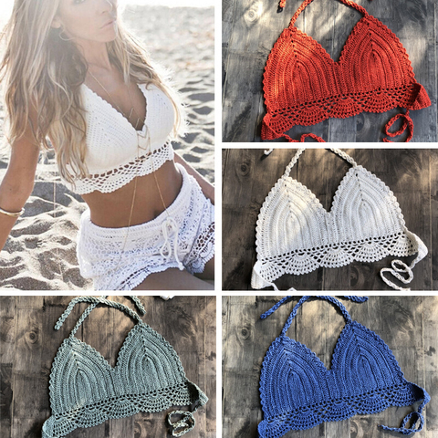 Bikini hecho a mano, novedad del 2022 en Bikini de Crochet para mujer, Bralette playero bohemio de punto de cuello liso, traje de baño brasileño con Top ► Foto 1/6