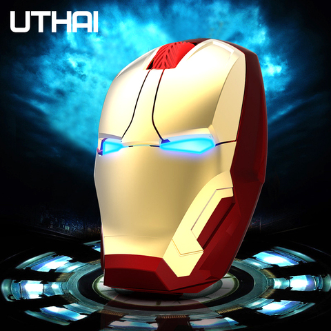 UTHAI-ratón inalámbrico DB22 para ordenador, dispositivo óptico con USB, 2,4 GDPI1600, con personalidad, creativo, iron man, silencioso, con batería ► Foto 1/6