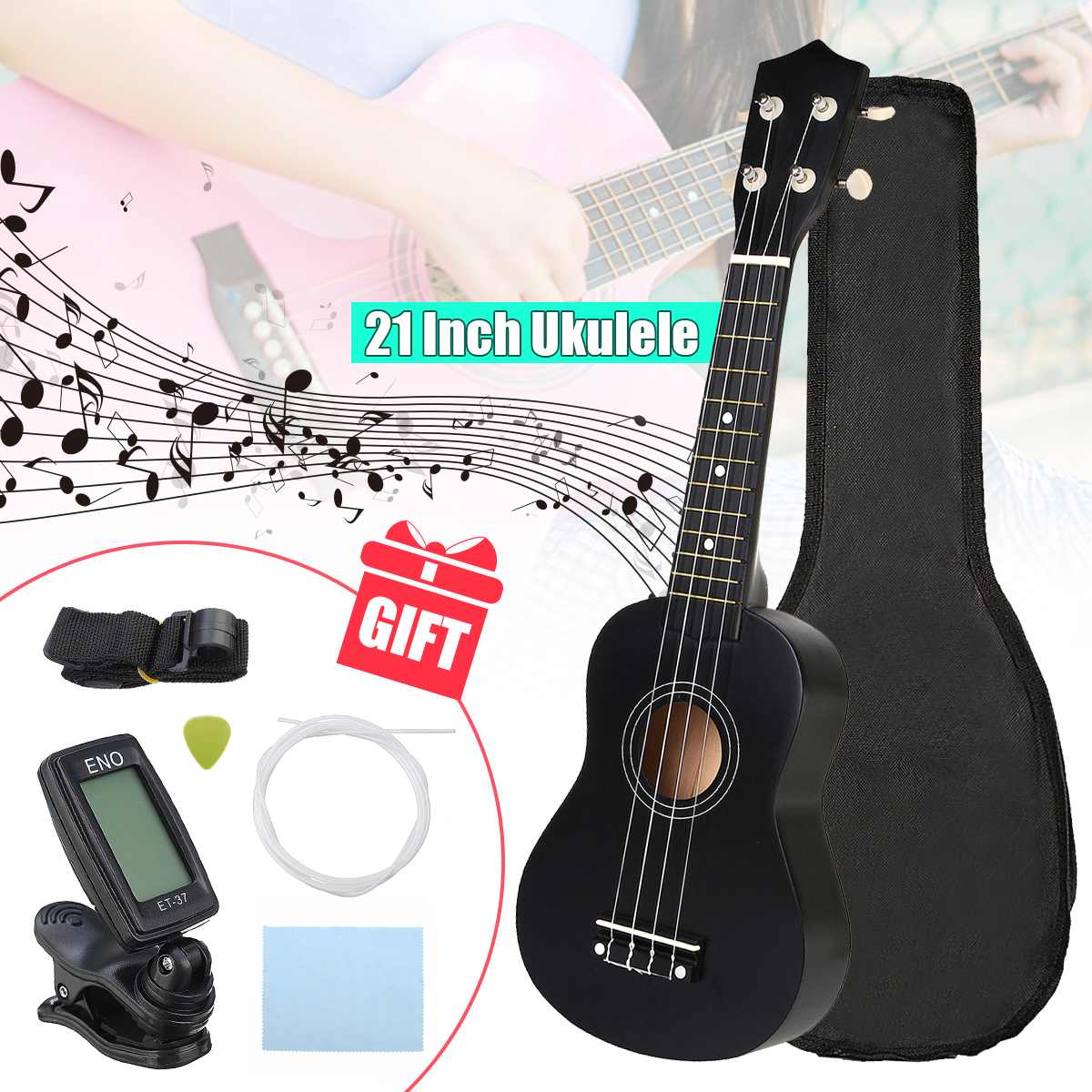 Ukelele Soprano de 21 pulgadas, Ukelele para principiantes de Basswood, 4 cuerdas, guitarra hawaiana, instrumento Musical, regalo para niños, Uke + sintonizador + púa + correa ► Foto 1/6