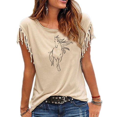 2022 nuevo creativa caballo mujeres borla de algodón Casual ropa de la camiseta animales Camisetas manga corta cuello camisa de las mujeres t camiseta ► Foto 1/5