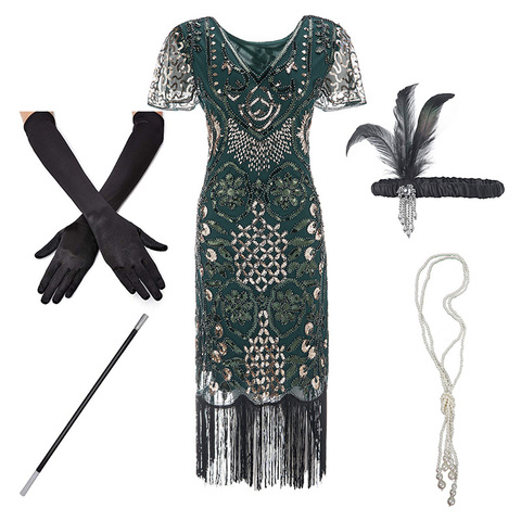 Vestido de Flapper Roaring de talla grande 20s, gran Gatsby con flecos de lentejuelas con cuentas, embellecedor, accesorios de vestir Art Deco XXXL, 1920 ► Foto 1/6