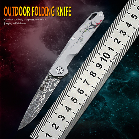 Cuchillo plegable de hoja de acero damasco, cuchillo táctico de autodefensa para exteriores, cuchillo fijo edc para caza, supervivencia, Campamento, cuchillo de fruta ► Foto 1/6