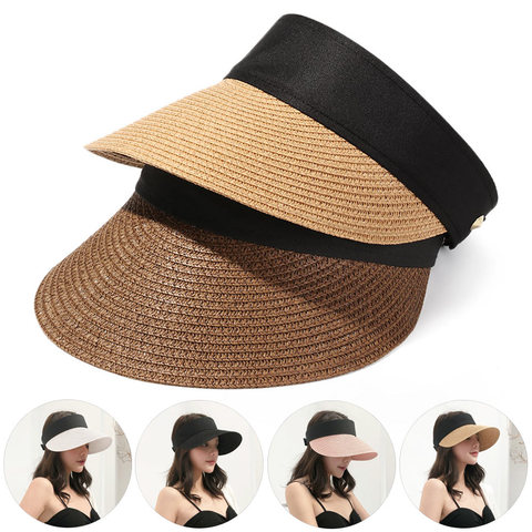 Gorra de sol vacía para mujer, gorro de playa enrollable con cinta mágica plegable portátil, visera ancha, informal, de paja ► Foto 1/6