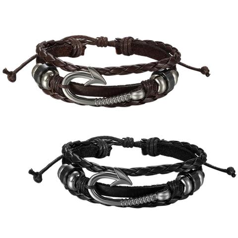 BONISKISS-pulseras de cuero genuino con gancho de pescado artesanal para hombre y mujer, varias capas, pulsera de ancla trenzada ► Foto 1/6