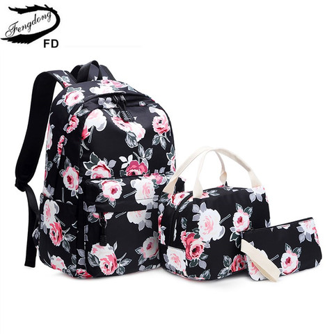 FengDong 3 unids/set mochila escolar con estampado de flores rosas para niñas, mochila de viaje para niñas y adolescentes ► Foto 1/6