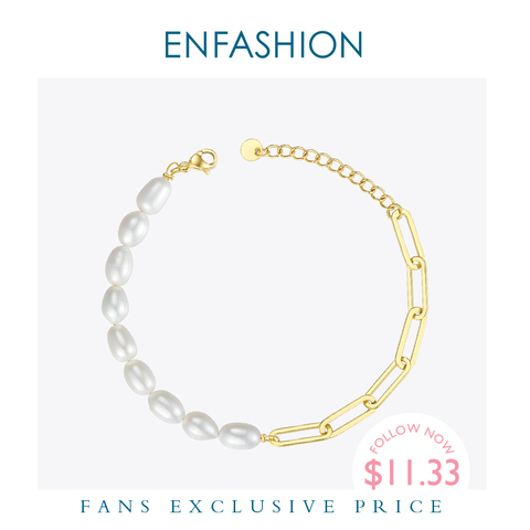 ENFASHION-pulsera de eslabones de perlas naturales para mujer, brazalete de acero inoxidable, Color dorado, joyería, B192069 ► Foto 1/6