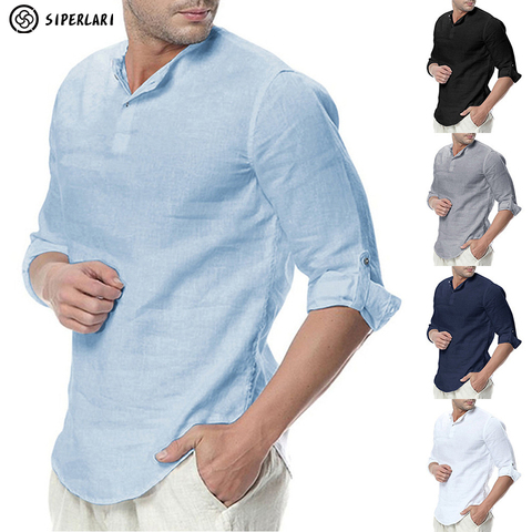 SIPERLARI-camisas de manga larga para hombre, camisas de algodón y lino, informales, transpirables, cómodas, estilo de moda, lisas, sueltas ► Foto 1/6