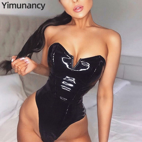 Yimunancy-body Sexy de piel sintética para mujer, body ajustado sin tirantes con forma de V, negro, ropa de discoteca ► Foto 1/6