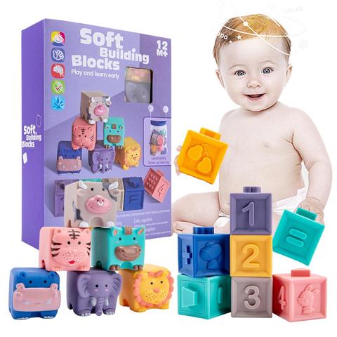 Juguetes sensoriales para bebés, 12 Uds., bloques de construcción de silicona, juguete 3D, bloques de construcción, bola suave, Cubo de baño de goma para chico ► Foto 1/6