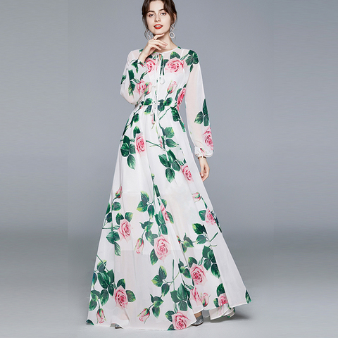 Banulin-Vestido largo bohemio de manga larga para mujer, vestidos largos elegantes con estampado de flores rosas, cintura elástica ► Foto 1/5