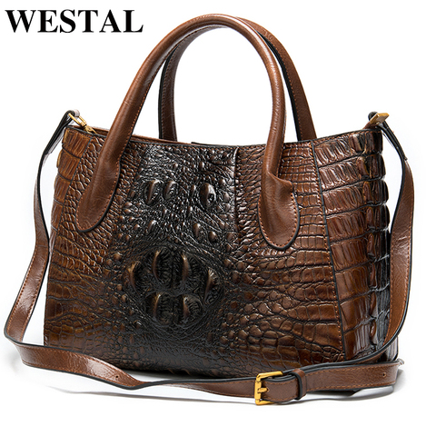 WESTAL-Bolso de mano de piel auténtica para mujer, bolsa con patrón de cocodrilo, de diseñador, con asa, maletín ► Foto 1/6
