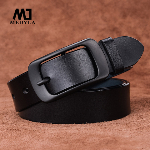 MEDYLA-Cinturón de piel auténtica de vaca para mujer, hebilla de Pin de Aleación negra, cinturones casuales de moda, diseño de estilo, marca Original ZK001 ► Foto 1/6