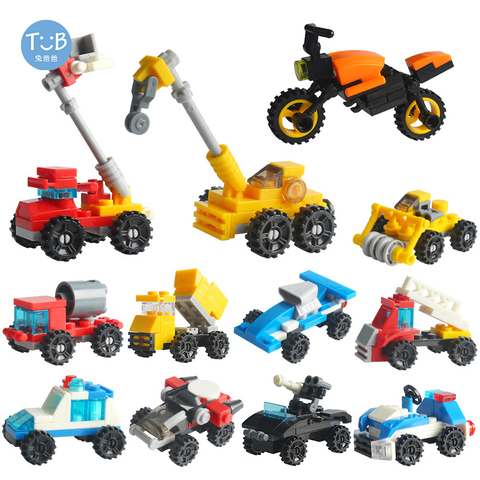 Mini Transporte de coches de carreras, vehículo de ingeniería, motocicleta, modelo, juego de bloques de construcción pequeños, montaje de niños, juguete educativo ► Foto 1/6