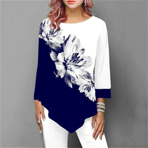 Nueva camisa de 2022 mujeres de Primavera Verano de impresión Floral blusa 3/4 manga Casual irregularidad de moda femenina camisa Tops de talla grande ► Foto 1/6