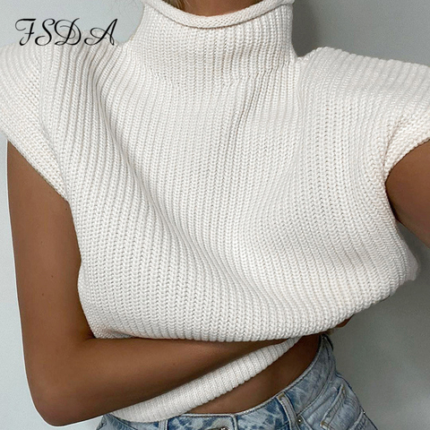 FSDA-Jersey de cuello alto para mujer, chaleco sin mangas con almohadillas para los hombros, Jersey de punto para otoño e invierno, Tops informales a la moda, 2022 ► Foto 1/6