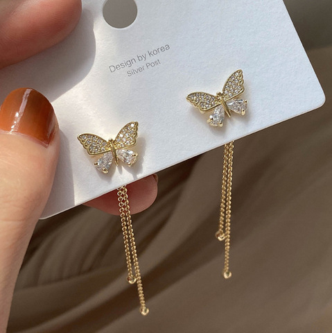 Pendientes largos con flecos y lazo para mujer, aretes con borlas delanteras y traseras con lazo de cristal, aretes de mariposa de temperamento largo para mujer ► Foto 1/6