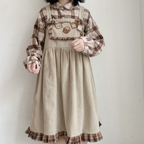 Himifashion-vestido entero de pana de Lolita para mujer y niña, vestidos con volantes a cuadros Vintage Harajuku informales Kawaii, vestidos con tirantes ► Foto 1/6