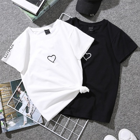 Camiseta de amantes de las parejas para mujer, Tops blancos informales, camiseta para mujer, camiseta con bordado de corazón de amor, camiseta estampada 2022 ► Foto 1/5