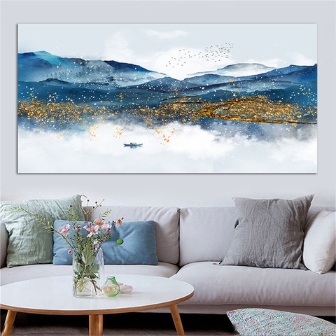 Pintura Artística de paisaje de montaña chino, Cuadro abstracto moderno, arte de Cuadro, decoración Vintage para el hogar, impresiones en lienzo, azul y dorado ► Foto 1/6