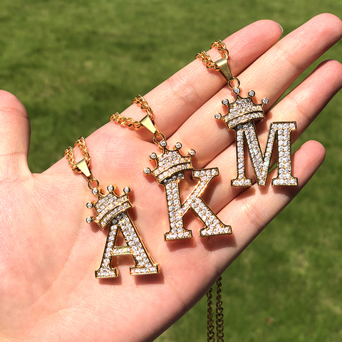 Collares con colgante de circonita de cristal para mujer y hombre, collar con letra inicial de corona, cadena de oro de Hip Hop, joyería, bisutería ► Foto 1/6