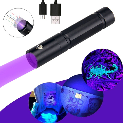 Mini linterna UV de 365nm, luz negra ultravioleta, recargable por USB, púrpura, para alfombras, mascotas, Detector de orina, escorpiones ► Foto 1/6