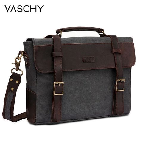 VASCHY-maletín Vintage de piel auténtica para hombre, bolsa de mensajero de lona para Bolso de hombro de negocios, apto para portátil de 14 pulgadas ► Foto 1/6