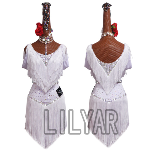 Vestido de baile latino, falda, vestidos de competición, decoración blanca, Trajes de baile latino, flecos, falda, cuello redondo, novedad ► Foto 1/6