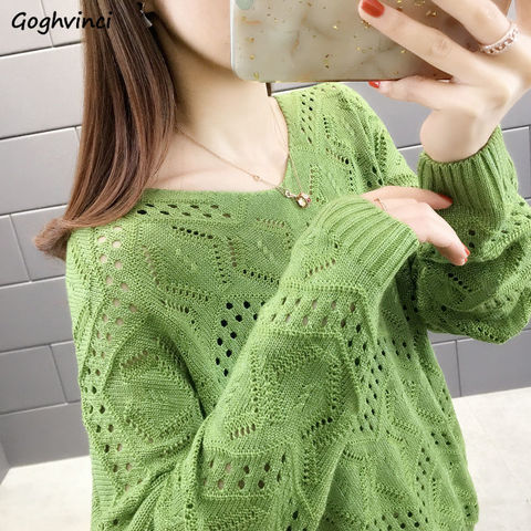 Suéteres con cuello en V para mujer, jerseys calados sólidos de talla grande 4XL, tejidos sueltos de estilo coreano de manga larga, moda de otoño ► Foto 1/6