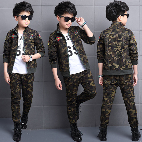 Conjunto de ropa para niños, chándal de camuflaje de manga larga + Pantalones, traje militar, uniforme, primavera y otoño ► Foto 1/6