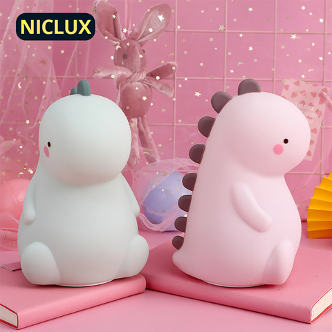 NICLUX-Luz LED nocturna con Sensor táctil de silicona para niños y bebés, lámpara de noche de dinosaurios con USB, 7 colores ► Foto 1/1