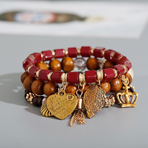 3 unids/lote étnicos de las mujeres pulseras Pour Les Femmes Bohemia encanto de piedra Natural y cuentas de madera Aleación de corazón colgantes pulseras ► Foto 1/6
