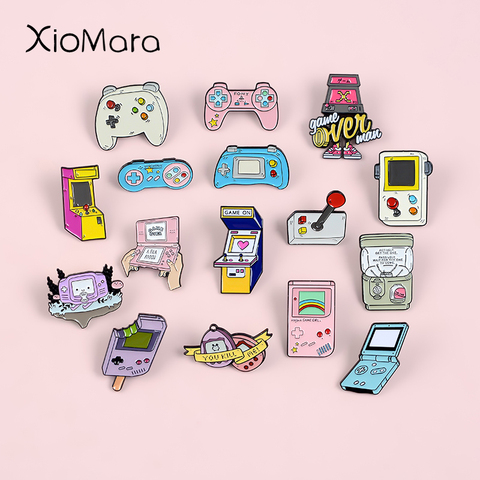 Recreativos Retro juego esmalte Pins colecciones dibujos animados 90s Gamepad joyería broches Denim camisa Collar alfileres de solapa con placa regalos amigos ► Foto 1/6