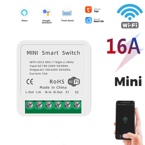 Mini Tuya Wifi DIY interruptor soporta 16/10A 2 Control DE vía Módulo de automatización de domótica trabaja con Alexa Google vida inteligente App ► Foto 1/6