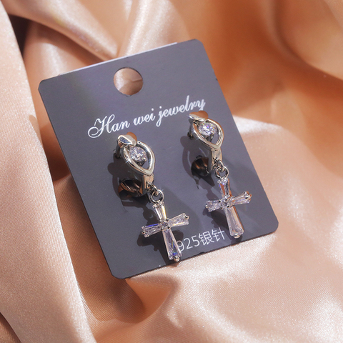 JUWANG-pendientes colgantes de Cruz de cristal para mujer, joyas pendientes de gancho de lujo, Color plateado, decoración de fiesta, 2022 ► Foto 1/6