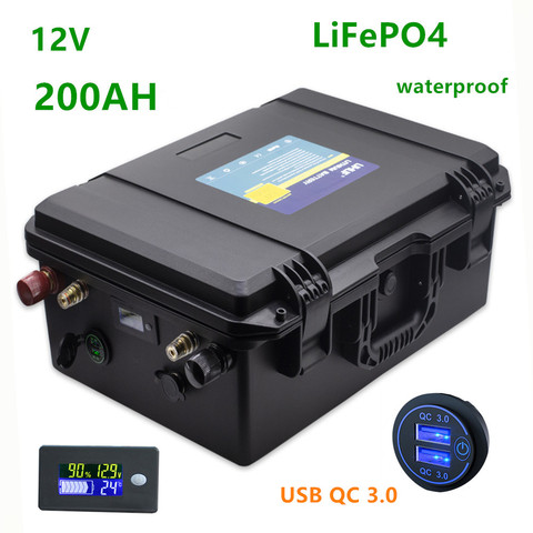 Paquete de batería de 12v Lifepo4 200ah lifepo4 12V 200AH batería de litio impermeable paquete de baterías de 12,8 v para RV, barco, inversor, solar ► Foto 1/6