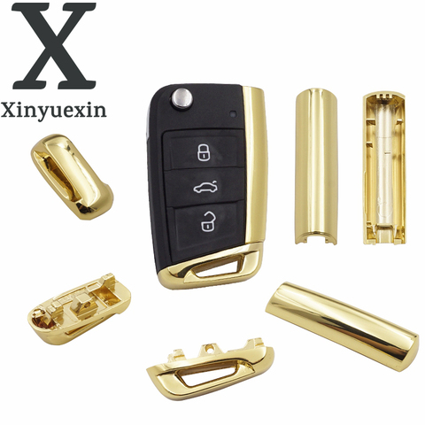 Xinyuexin-carcasa de llave a distancia de coche, pieza metálica plegable para VW Gollf 7 MK7, Skoda Octavia A7, Seat, Color dorado, 3 botones ► Foto 1/6