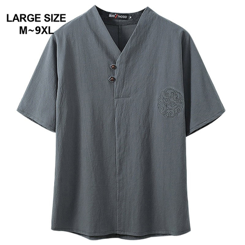 Camiseta de manga corta para hombre, prenda de vestir, de estilo chino, con cuello en V, informal, suelta, de talla grande M-9XL, 5XL, 6XL, 7XL, 8XL, 9XL, para verano ► Foto 1/6