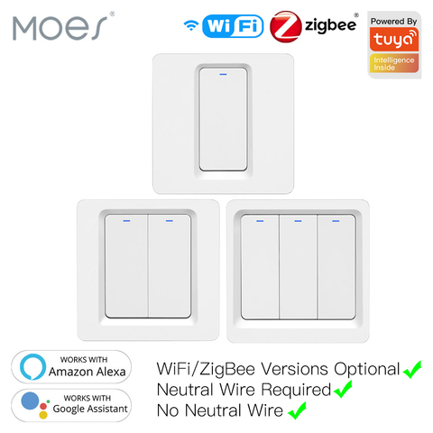 Moes-interruptor inteligente ZigBee con WiFi, pulsador sin Neutral, para Smart Life, Tuya, Alexa, Google Home, Control por voz, 2/3 vías, UE y Reino Unido ► Foto 1/6