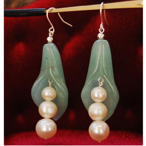 Hecho de perlas de tienda de joyería de agua dulce perla redonda de Jade VERDE de olla princesa gancho de pendiente de plata, joyería fina, regalo de las mujeres ► Foto 1/6